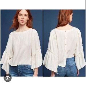 Anthropologie Floreat | Ottilia Bell Sleeve Cream & Gold Boho Blouse - size L